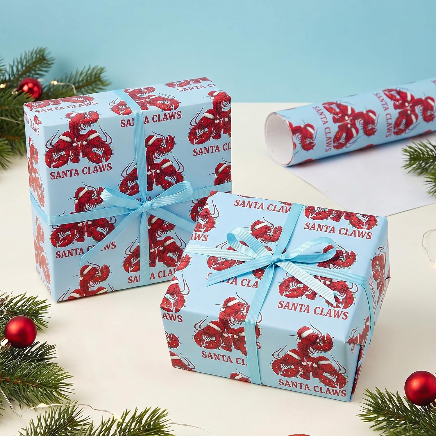 RUSPEPA Funny Lobster Christmas Wrapping Paper Roll, Mini Roll, Santa Claws Lobster with Santa Hat Design, Coastal Crawfish Gift Wrap for Friends, Family, Holiday, Christmas, 17 Inches x 16.4 Feet image 3