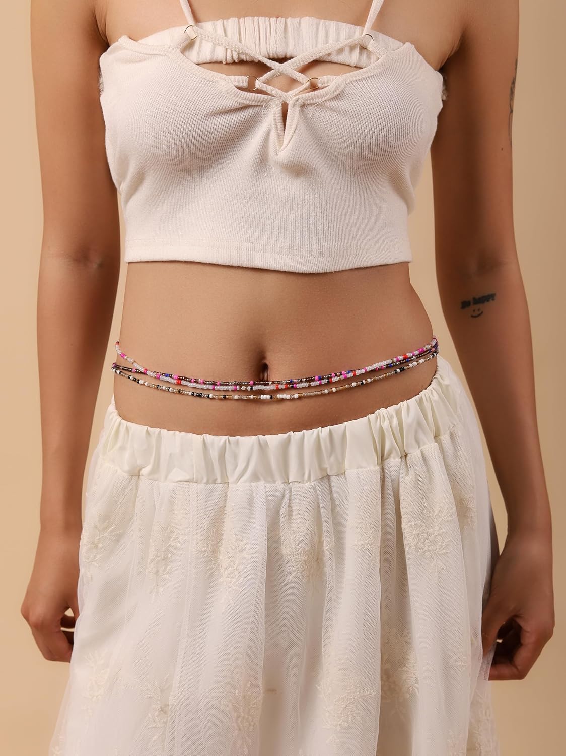 MINACHI Women's 3-Piece Body Chain Set with Colorful Rice Beads, Elastic Cord, Waist Chain, Bell Chain, Beach Style Jewelry