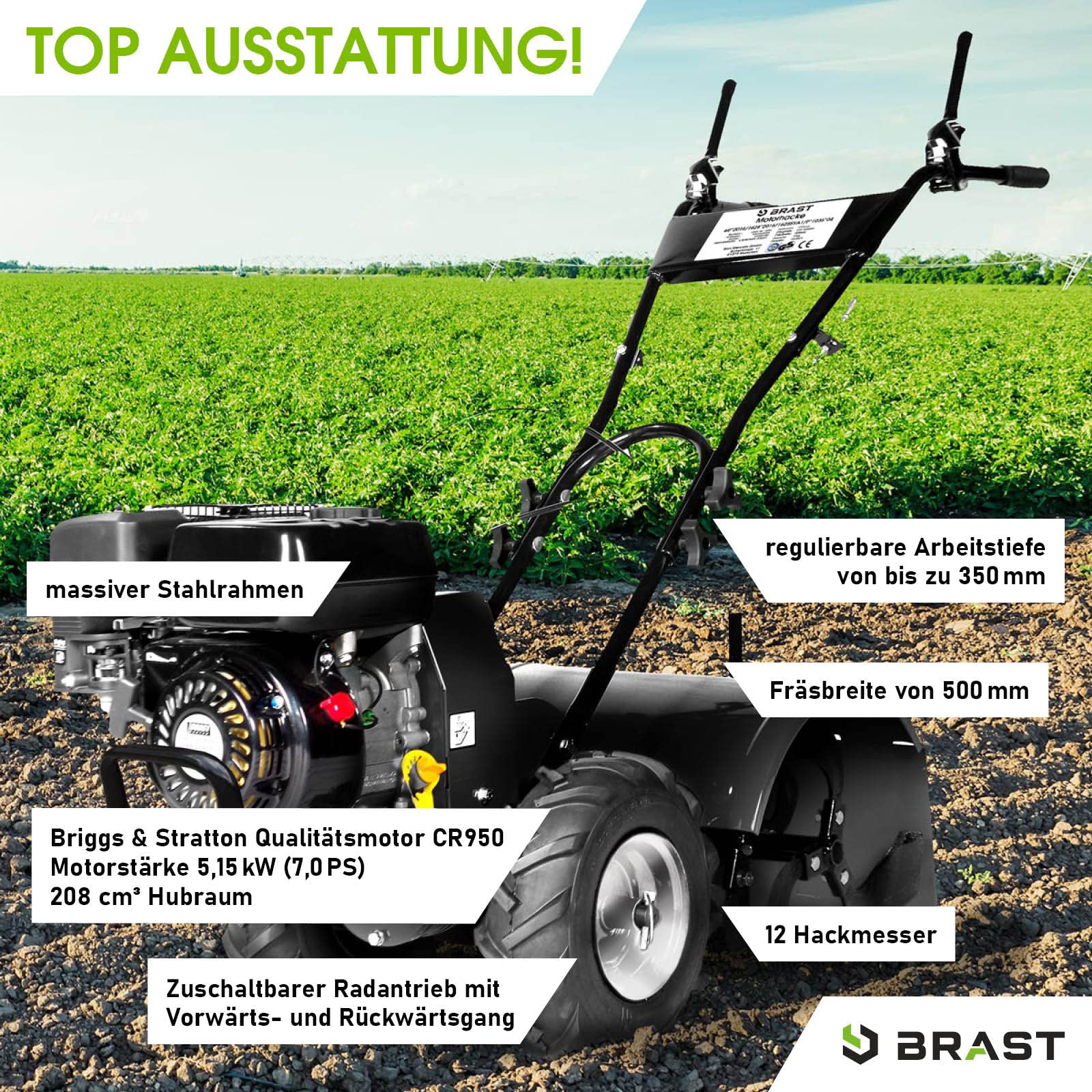 BRAST Motorhacke Gartenfräse Benzin | 1,9kW(2,6PS)-5,15kW(7PS) | 25-85cm Arbeitsbreite | 6 Modelle | Stahlrahmen Transportrad & kabellos | für kleine bis sehr große Grundstücke | BRB-AF 7500 B&S