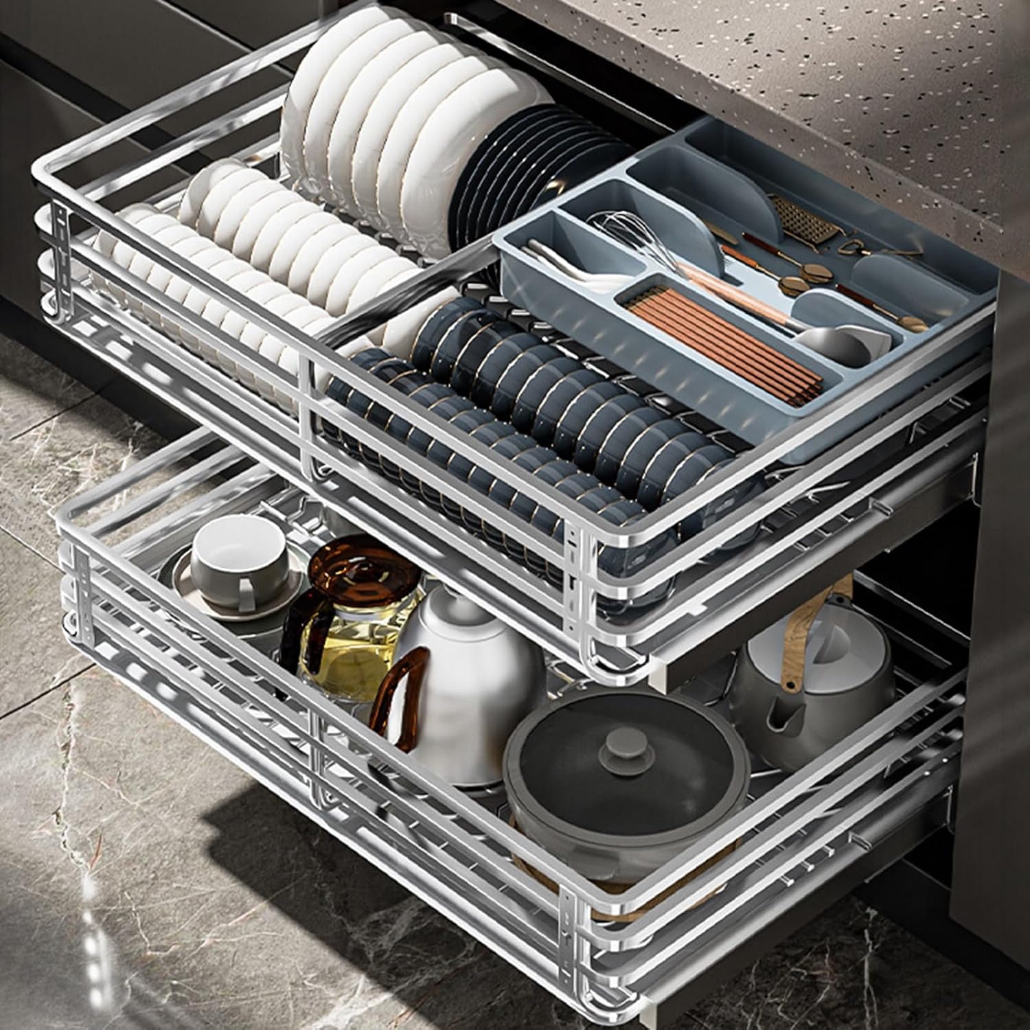Pull-Out Home Organizers, stainless steel slide-out drawers with Catch tray, adjustable rails, Easy Access to Items (Silver For 60cm cabinet)