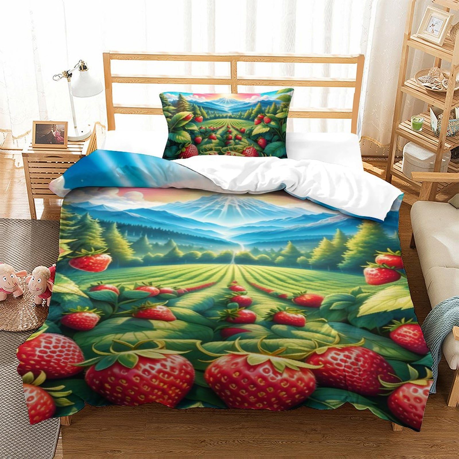 Linge de lit fraises 3D 135x200 housse de couette microfibre respirante