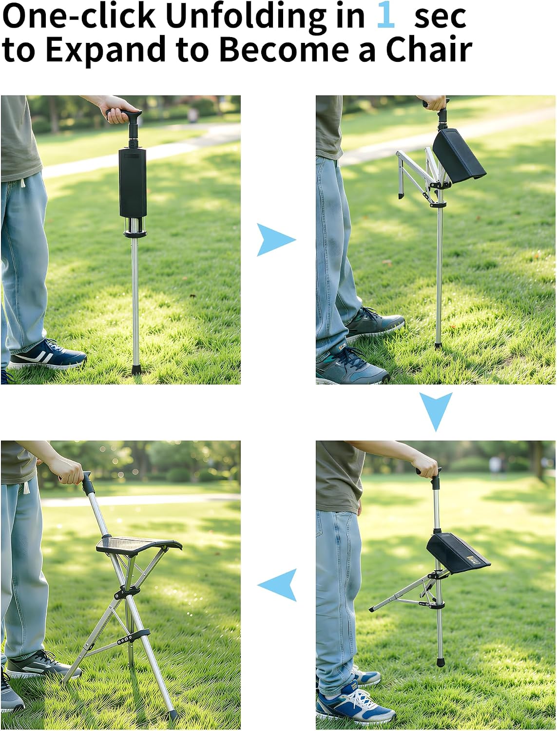 Portable Folding Trekking Pole with Seat, Lightweight Aluminum Walking Cane and Chair, Anti-Slip, Easy Carry