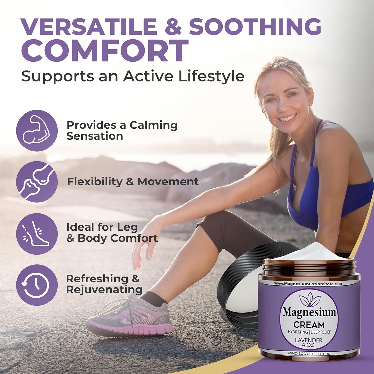 Magnesium Cream for Sleep, Kids, Muscle Soreness & Cramps Relief with Shea Butter, Coconut Oil, Aloe, Vitamin E - Topical Magnesium Cream for Calm & Relaxation - Lavender - 4fl oz - USA Made