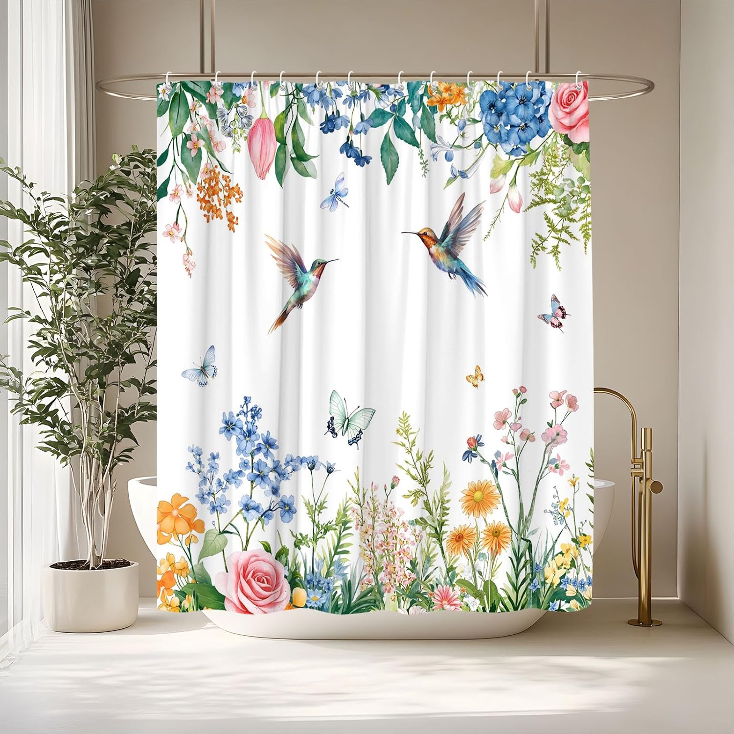 Hummingbird Floral Shower Curtain Spring Watercolor Pink Blue Flowers Blossom with Leaf Butterfly Plants Green Leaves Bird Modern Nature Decorative Curtain with Polyester Fabric