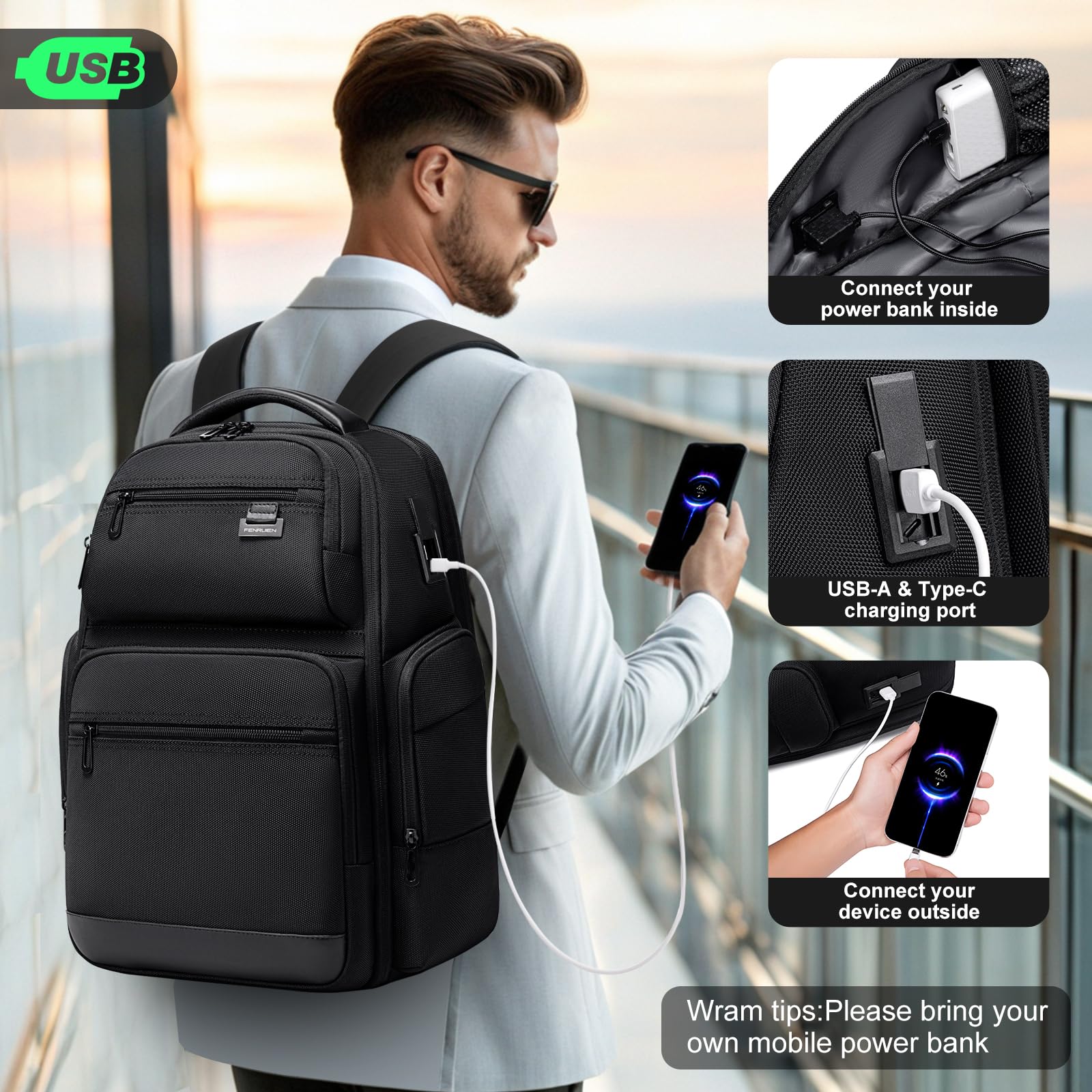 Mochila de viaje de negocios para hombres, mochila para laptop de gran capacidad con puerto de carga USB, bolsa negra expandible multifuncional resistente al agua para computadora de 15.6 4