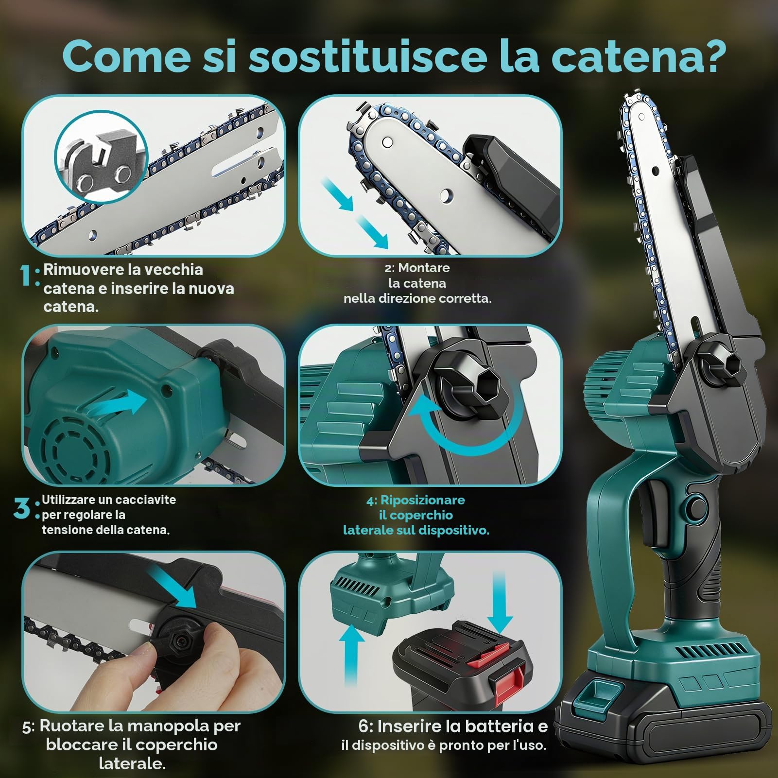 Motosega e tagliasiepi a batteria telescopica Combo, 4 in 1, mini motosega elettrica da 8 pollici, con batteria da 2 x 2000 mAh, 4 catene, guanti protettivi, adatti per cesoie da potatura e per la