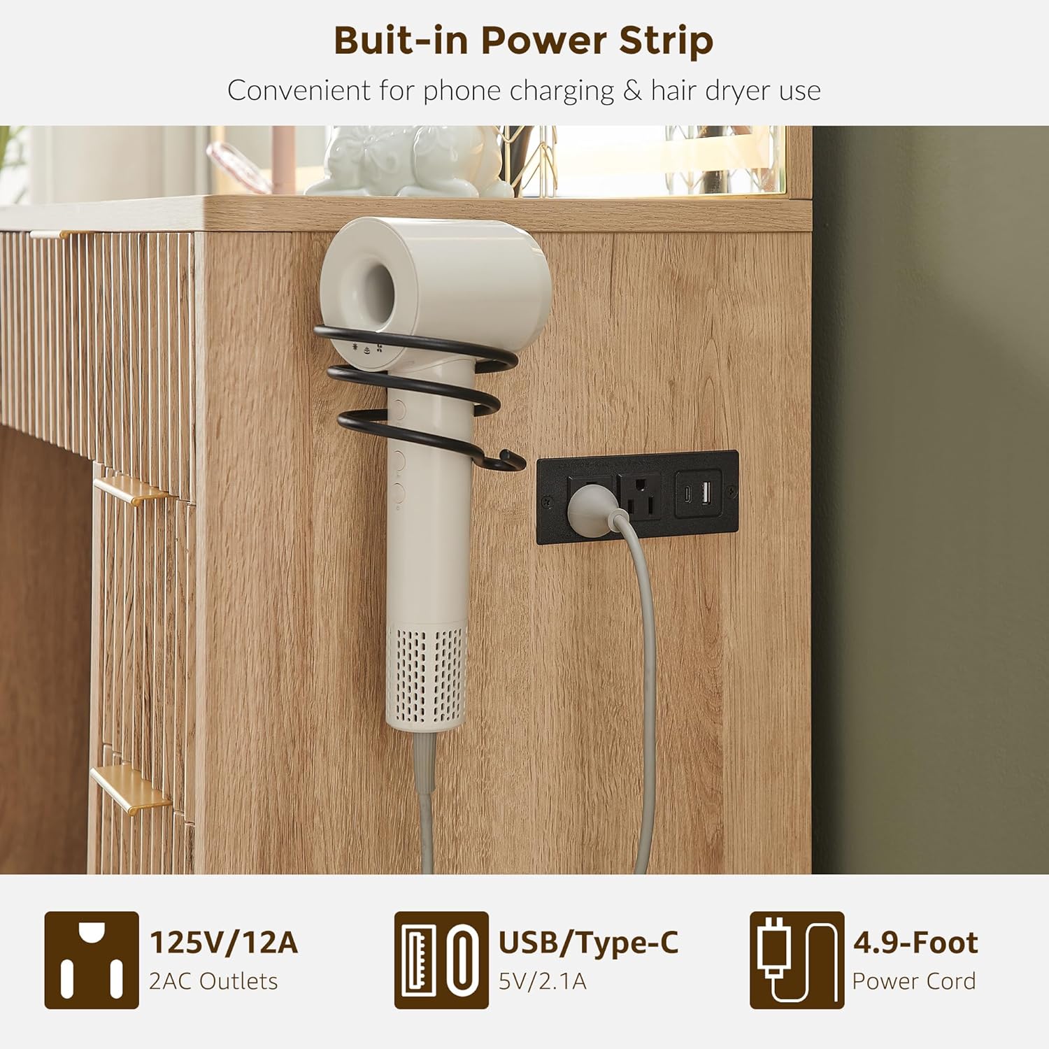 Built-in power strip with outlets and USB ports on T4TREAM vanity desk