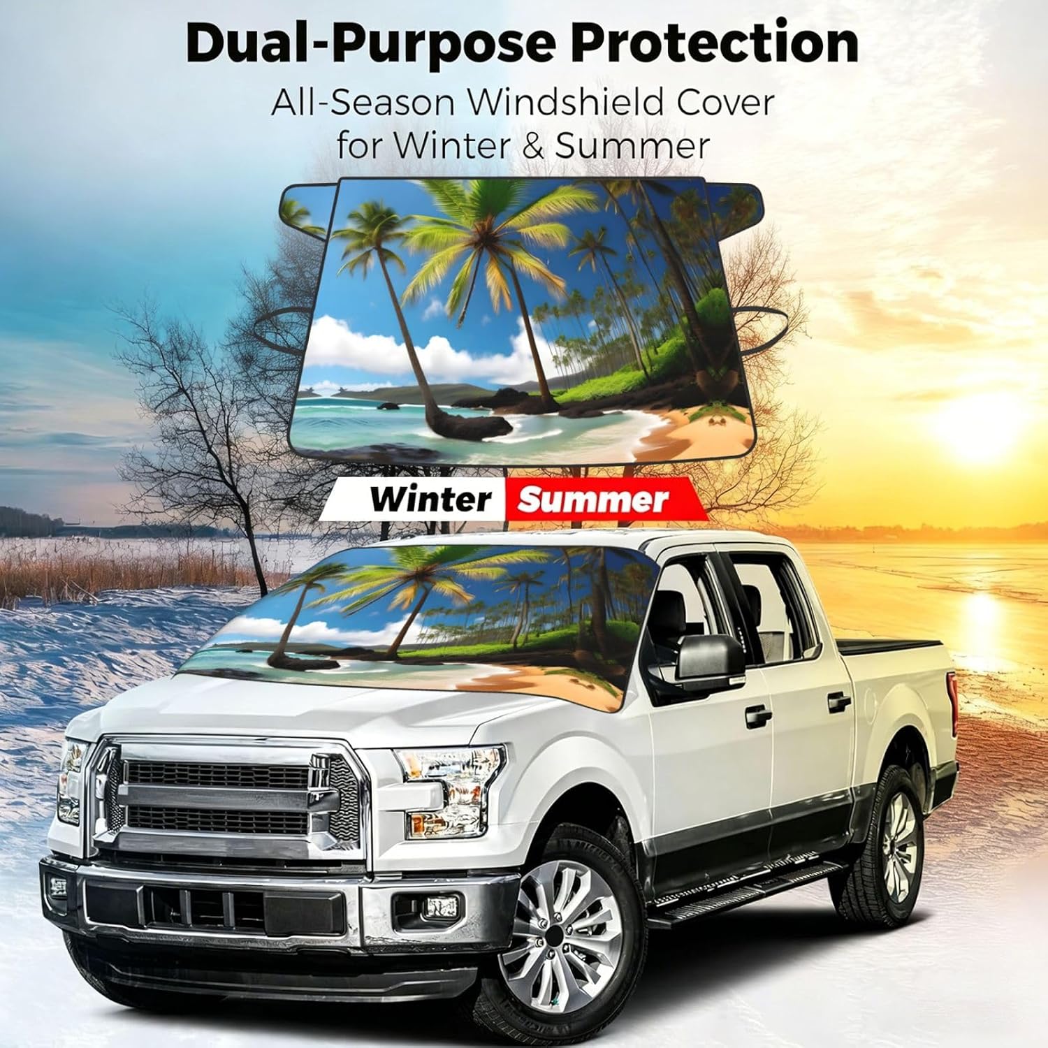 Tropical Palm Tree Hawaii Beach Print Car Cover for Snow All-Season Windshield Cover with Elastic Strap Fits Most Cars and Trucks