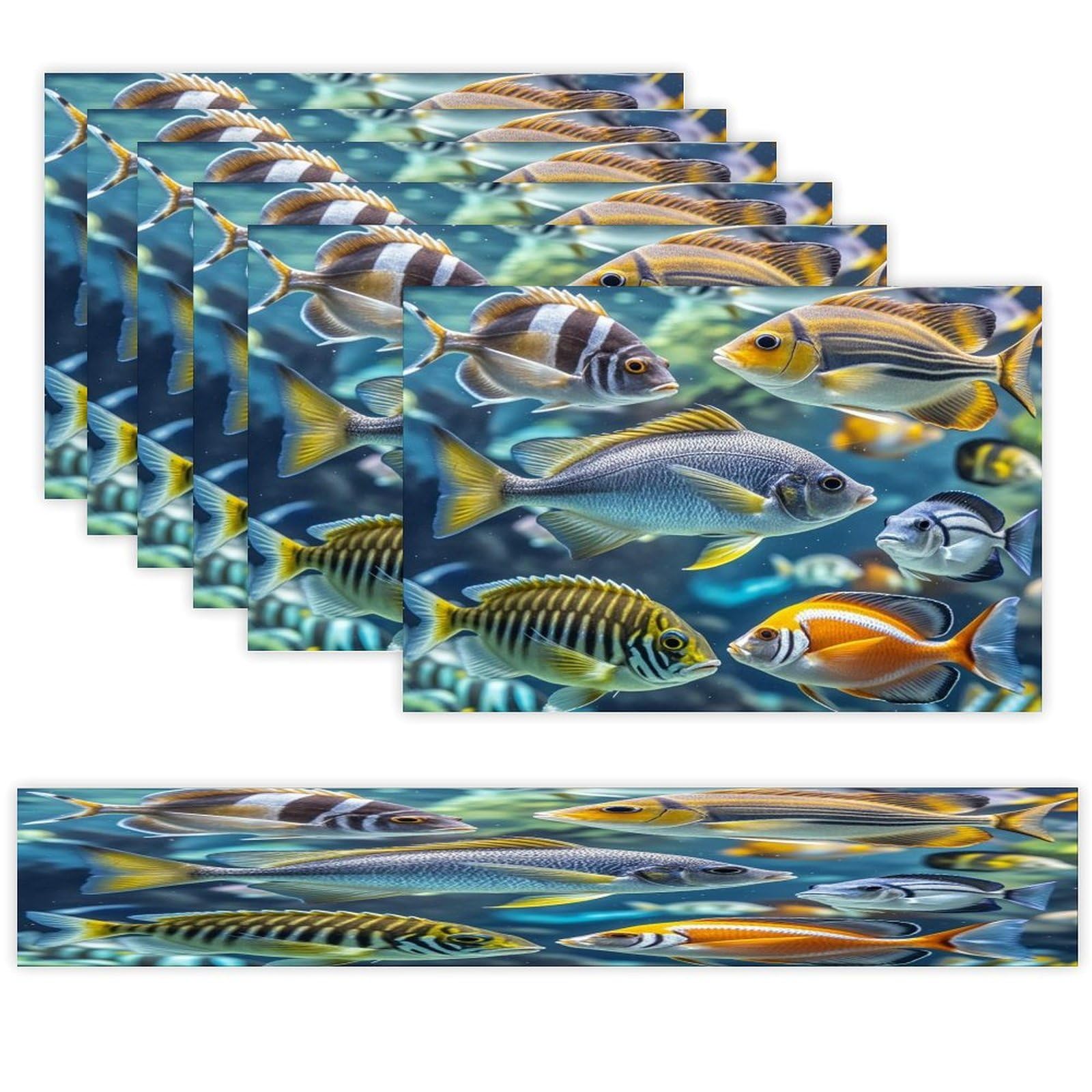 Fish Table Runner and Placemats Set of 6 Stain Resistant Heat Resistant Place Mats for Kitchen Dining Table Mats Long Table Runner Modern Art Dining Decor for Daily Use
