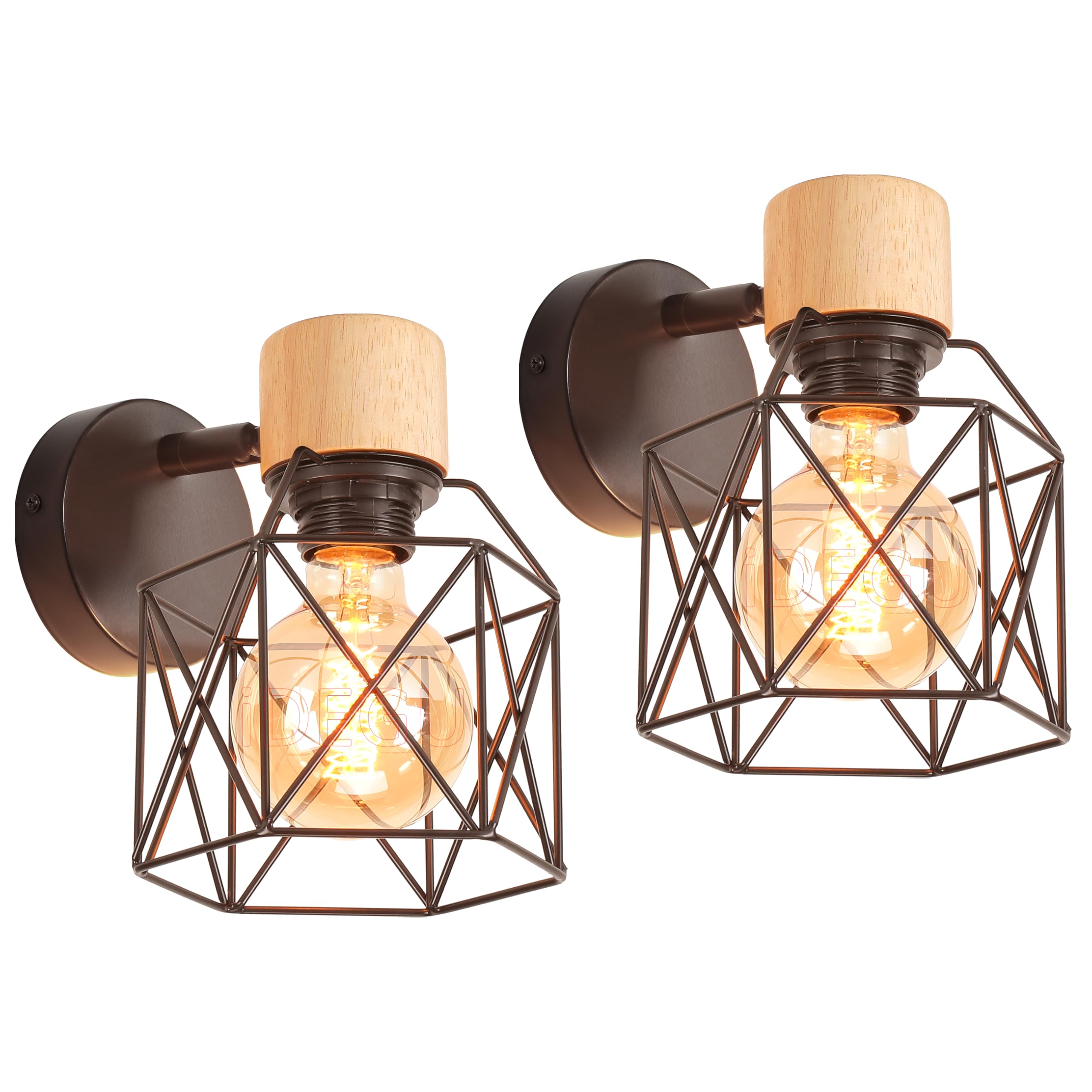 iDEGU 2 Piezas Lámparas de Pared Vintage 15CM Aplique Pared Interior de Madera y Metal Industrial Diseño de Jaula Ajustable Iluminación E27 Luz de Techo para Dormitorio Pasillo Salón Café (Negro)