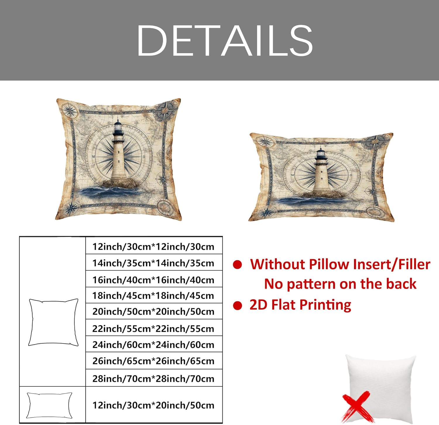 Nautical Lighthouse Throw Pillow Covers Set of 2, Antique Map Decorative Cushions, Coastal Home Decor for Sofa Couch, Beach Style Decorative Covers 24x24 Inch