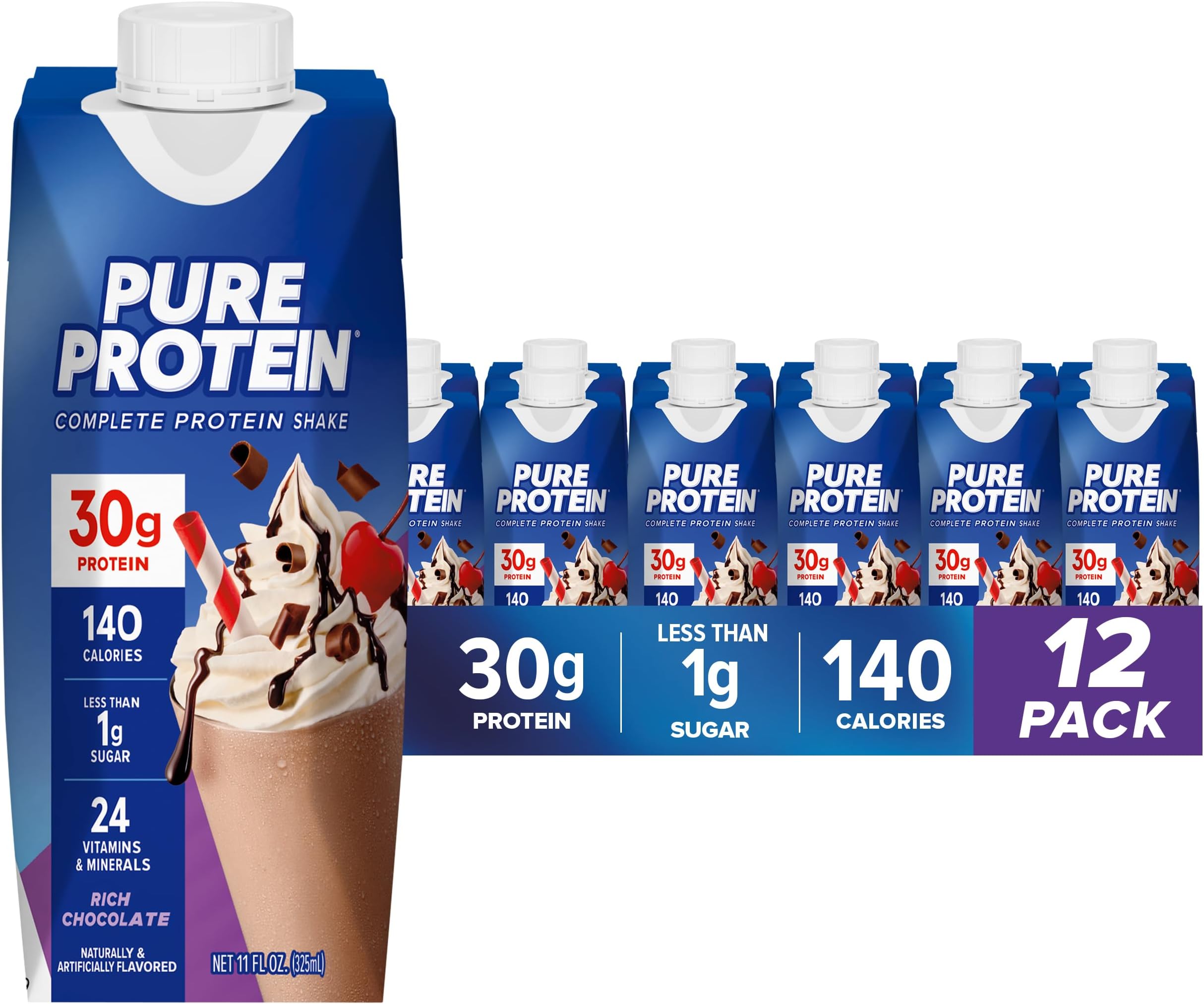 Pure Protein Chocolate Protein Shake, 30g Complete Protein, Ready to Drink and Keto-Friendly, Vitamins A, C, D, and E plus Zinc to Support Immune Health, 11oz Bottles, 12 Pack