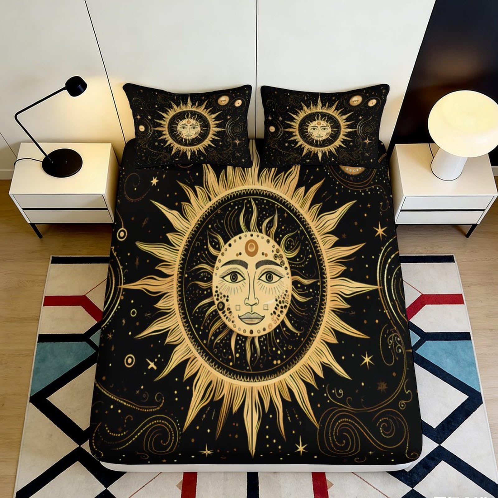 Jqzkxnhpbr Style-2 3D Printed Sun Moon Fitted Sheet Microfiber Soft Durable Celestial Bed Cover For Bedroom Dorm Mattress Decor 90X200x25cm