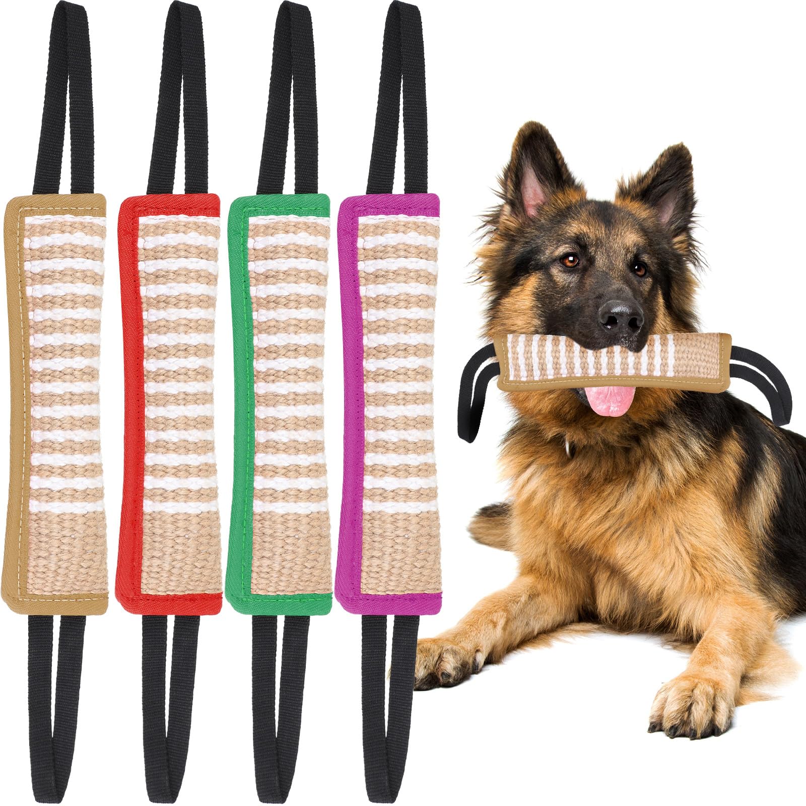 Kacctyen 4pc Dog Toy - Jute Tug Rope with 2 Handles - Perfect for Small to Large Dogs - Interactive Training & Play - Purple, Green, Earthy Yellow, Red