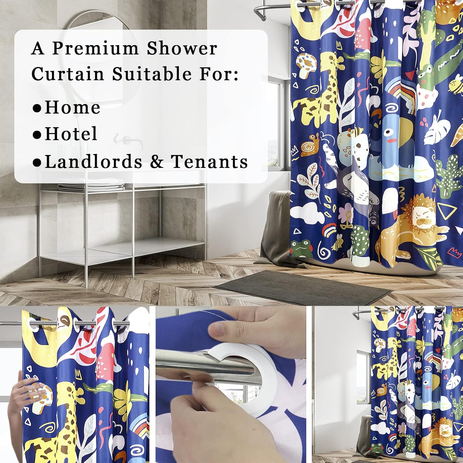 Fabric Shower Curtain No Hooks Needed Soft Microfiber & Waterproof - Animal Plant Marine Pattern Design 72" x 78" Inch Shower Curtain or Liner Washable (Shower-Curtain-Marine Animals)