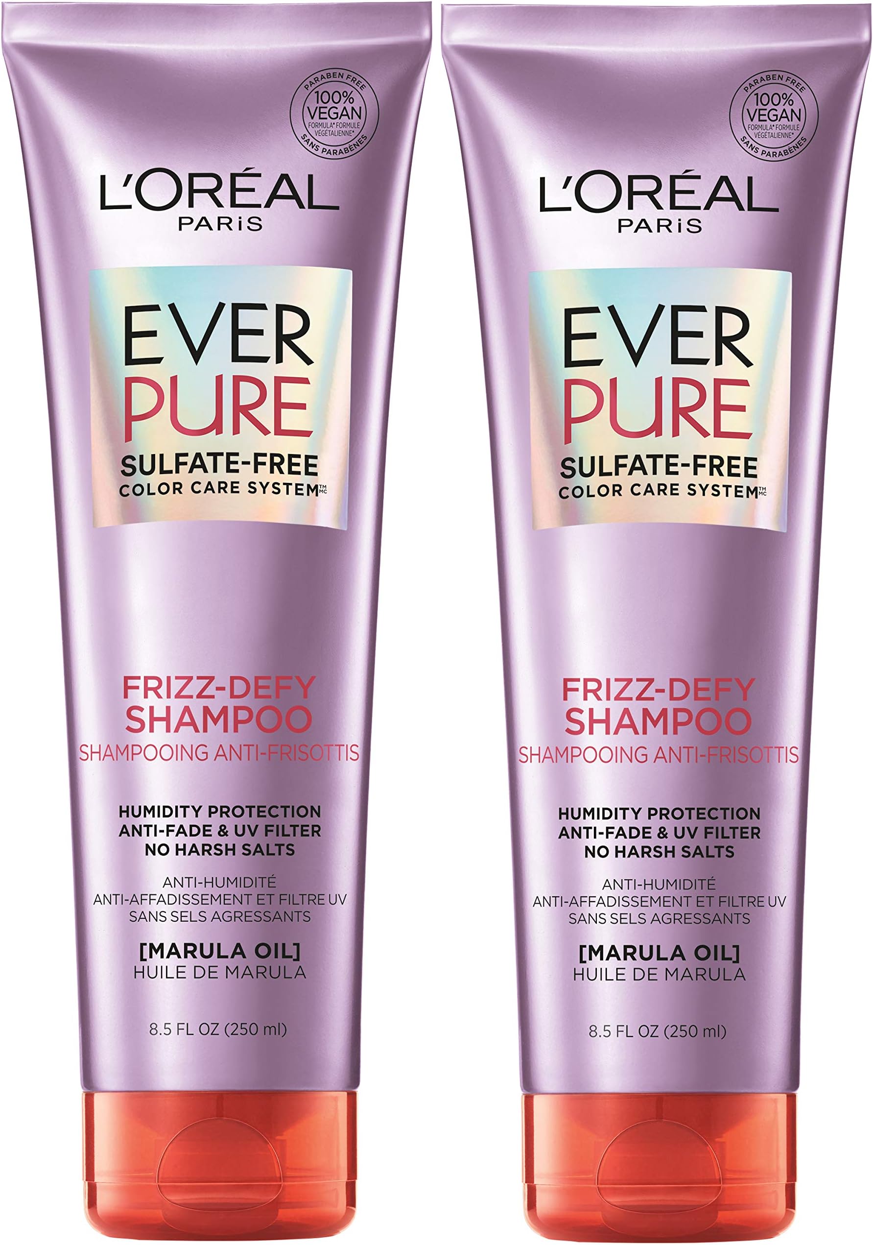 L’Oréal Paris Hair Care EverPure Sulfate Free Frizz Defy Shampoo, with Marula Oil, 2 Count (8.5 Fl; Oz each) (Packaging May Vary)