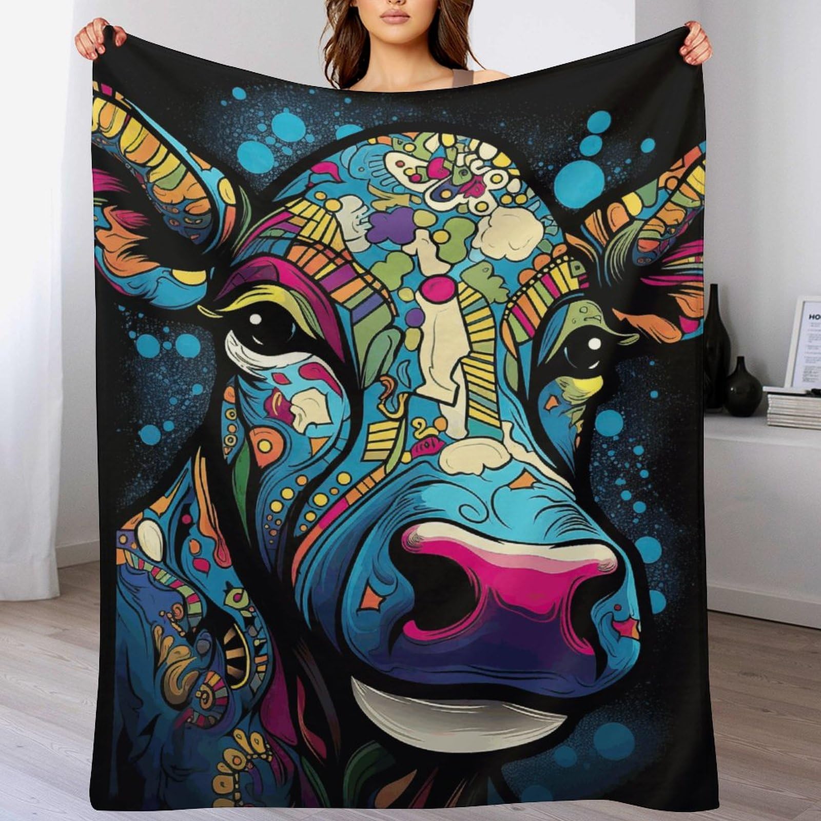 Couvre-lit psychédélique-pattern-vache en flannel premium et finitions luxe