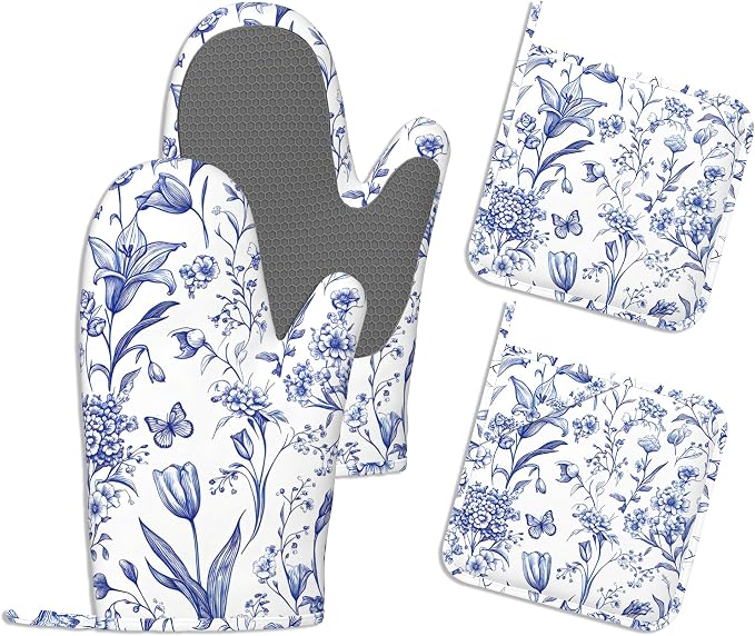 Rustic Blue Floral Oven Mitts and Pot Holders Sets,Extra Long Vintage Hydrangea Flowers Kitchen Mittens for Cooking,Thick Cotton Heat Resistant Silicone Cooking Utensils Set for Baking Cooking