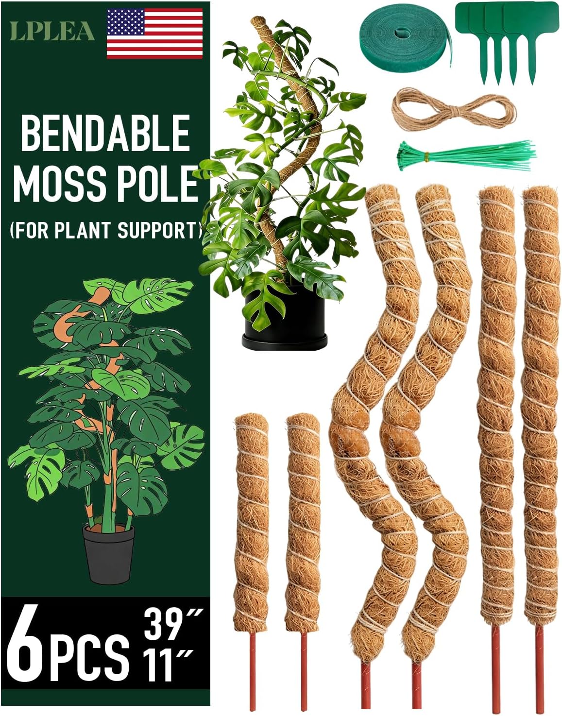 6 Pcs Moss Poles for Climbing Plants, 4 Pcs 39" & 2 Pcs 11" Tall Bendable Coco Coir Trellis Stakes - Indoor Plant Support for Monstera, Pothos- Handmade Moss Sticks for Potted Houseplants