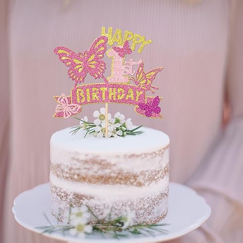 Miniatura 5 de 1 pieza de decoración de pastel de mariposa con purpurina dorada y rosa para primer cumpleaños, decoración de pastel de mariposa para baby shower,