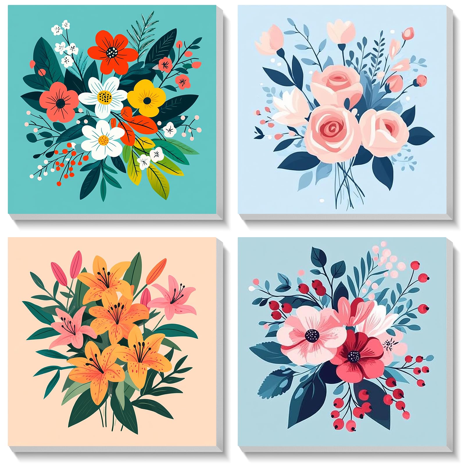 Bowetile 4 Pack Flowers Framed Paint by Numbers for Adults Children, Painting by Numbers Kit for Adults, Beginners Canvas Kits, DIY Acrylic Pigment Drawing Paintwork for Home Decor, 20x20 cm — image 1