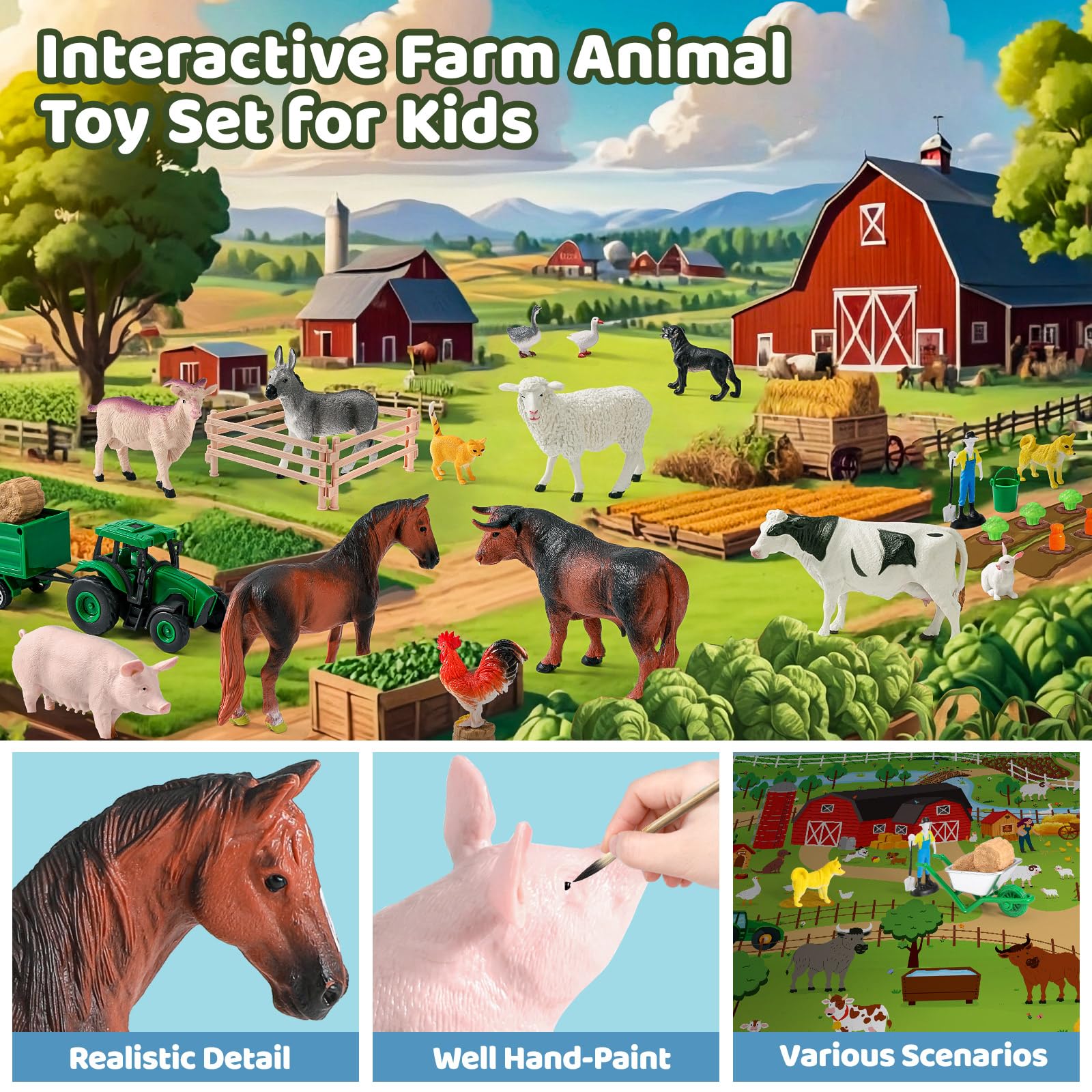 KNASON Animales Granja Juguete con Grande Tapete Juego 120x80cm,38 Pieza Animales de Juguete con Jumbo Figuras Animal,Tractor Juguetes y Granja Apero,Educativo Juguetes para Niños 3 4 5 6 Años