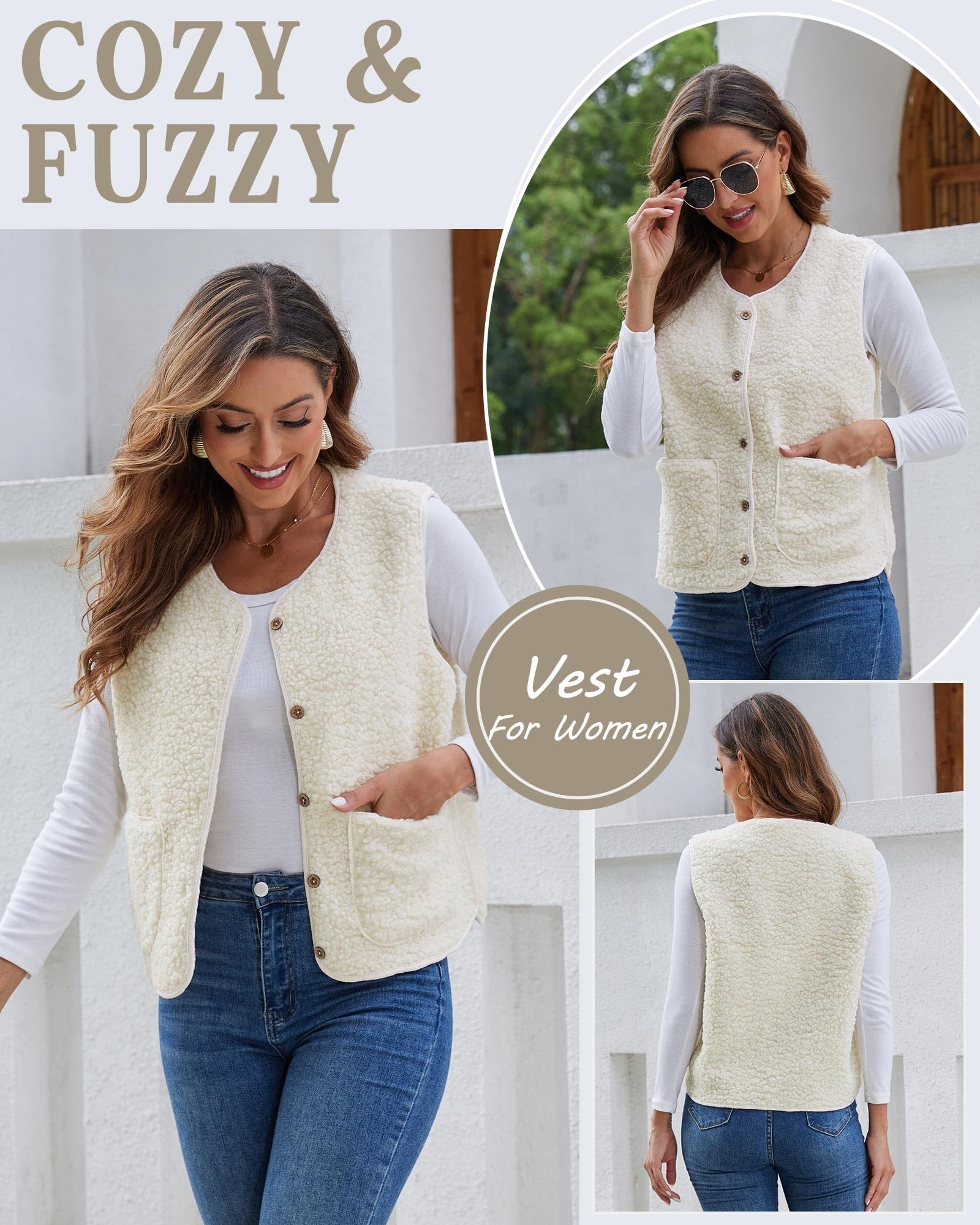 Yutdeng Gilet sans Manche Femme Automne Hiver Gilet en Molleton Classique Gilet Polaire Femme Doux Couleur Unie Veste sans Manches Chaud Manteau sans Manche Blouson Mode Matelassée Poches Bouton Fille