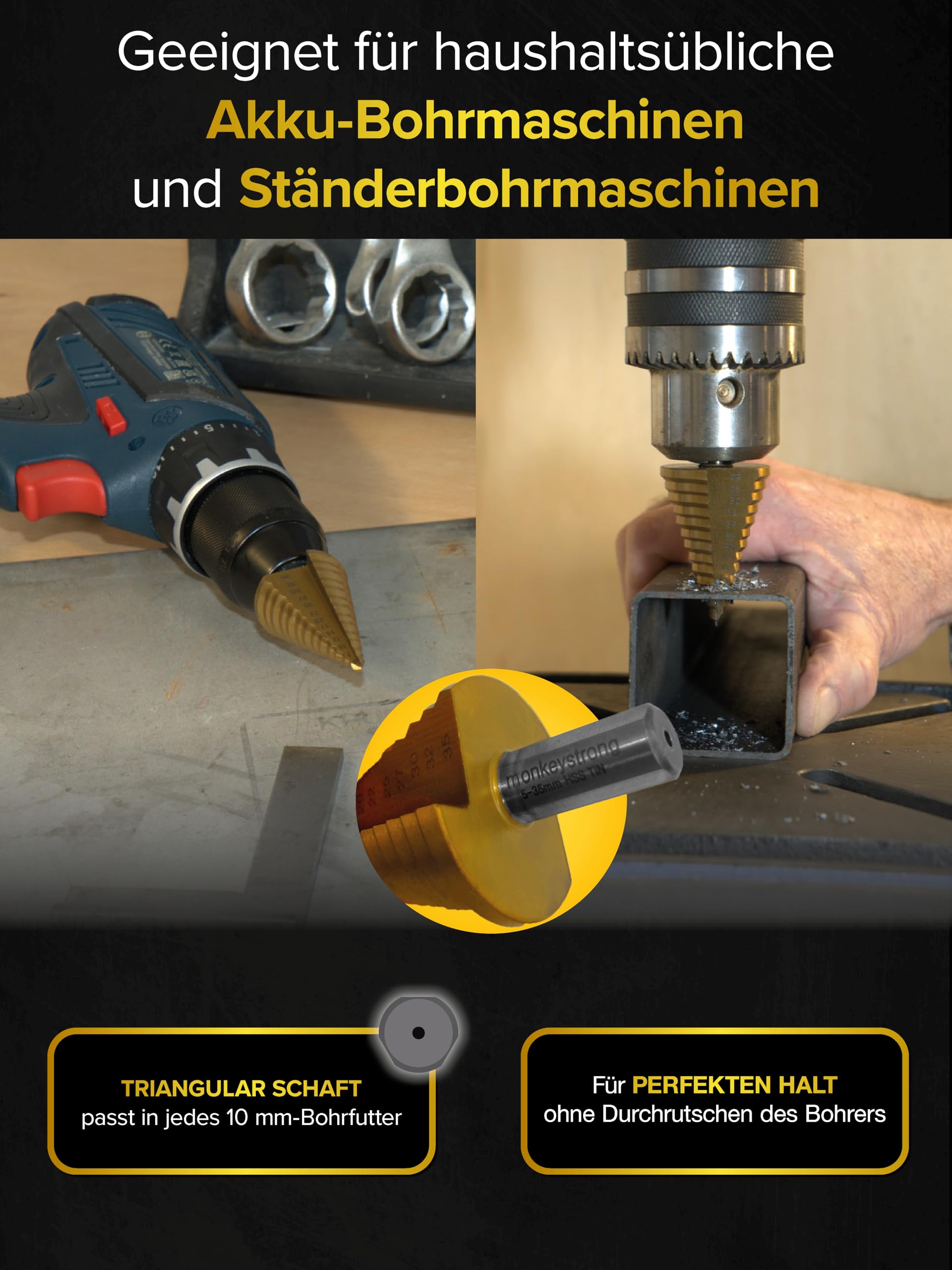 monkeystrong Stufenbohrer 35mm TiN – Ø 5-35 Metall 13 Stufen Kegelbohrer | HSS, Schälbohrer, Konusbohrer, Blechbohrer, für Baustahl, Eisen, NE-Metall, Kunststoff & Holz, mit Drehzahltabelle
