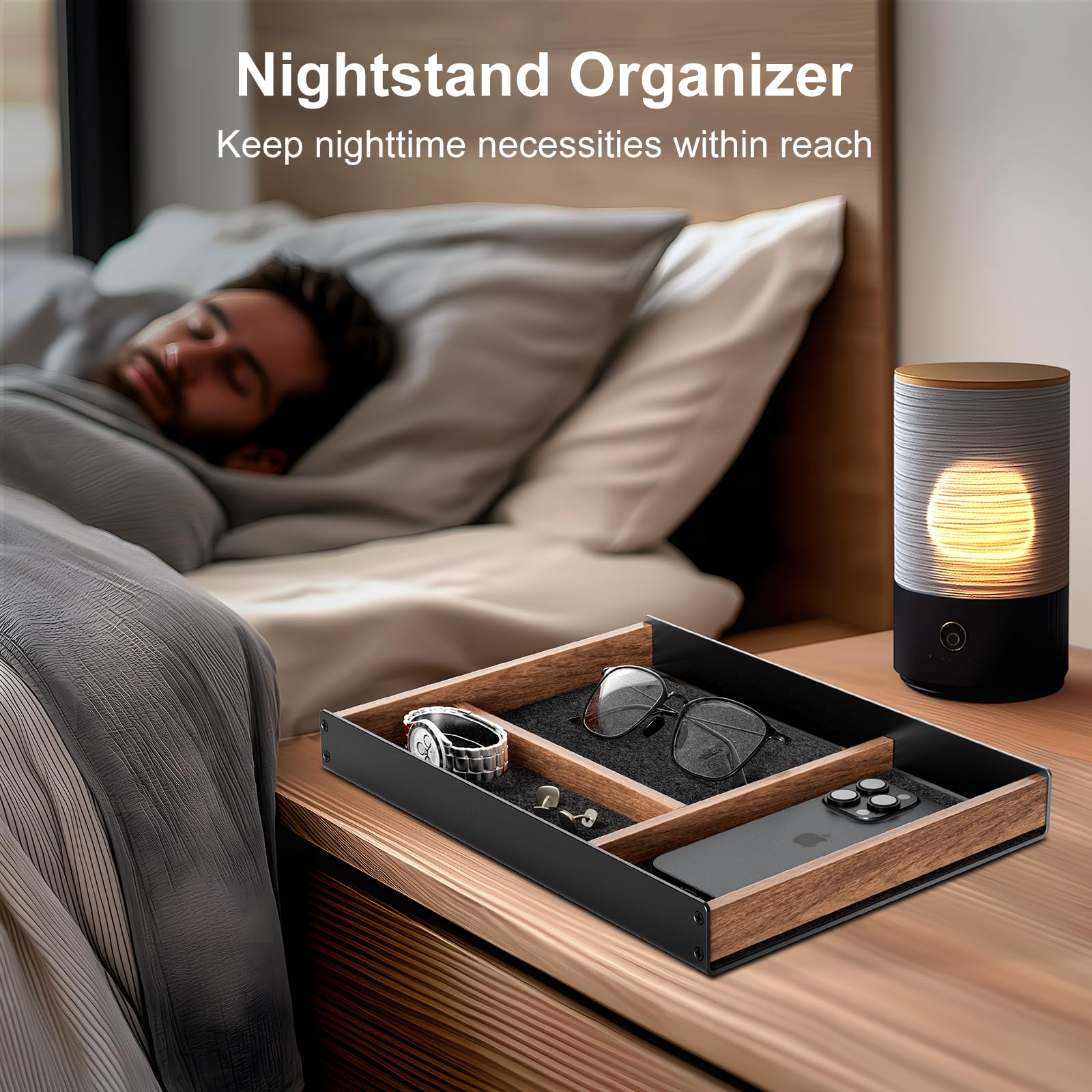 UPERGO Bandeja organizadora de cajones de escritorio, valet para hombre hecha de aluminio y nogal, accesorios estéticos de escritorio para suministros de oficina y hogar
