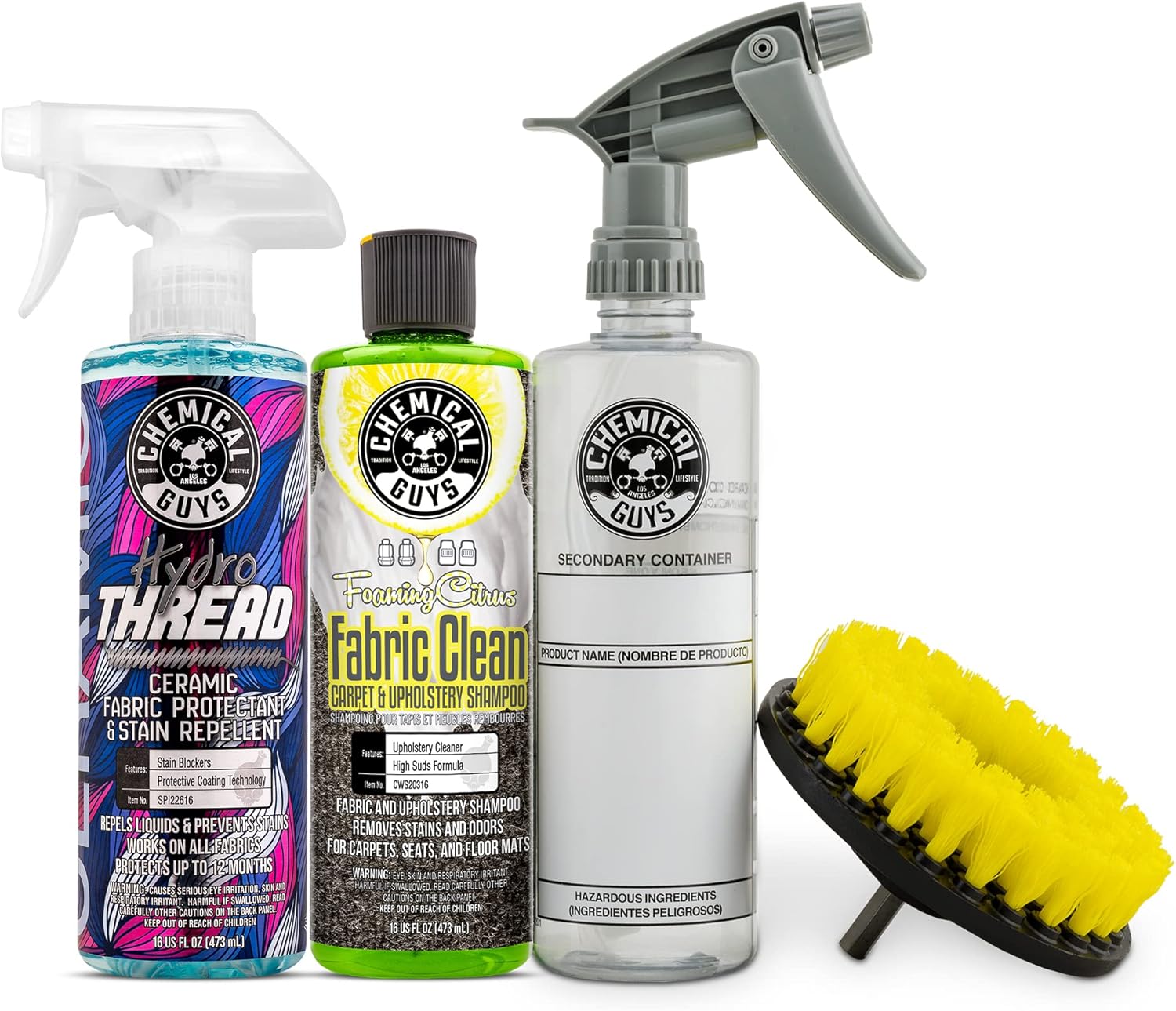 Chemical Guys CWS203DK Foaming Citrus Fabric Clean Carpet & Upholstery Cleaning & Protectant Bundle with HydroThread, Drill Brush and Spray Bottle (Car Carpets, Seats & Floor Mats) 4 Items