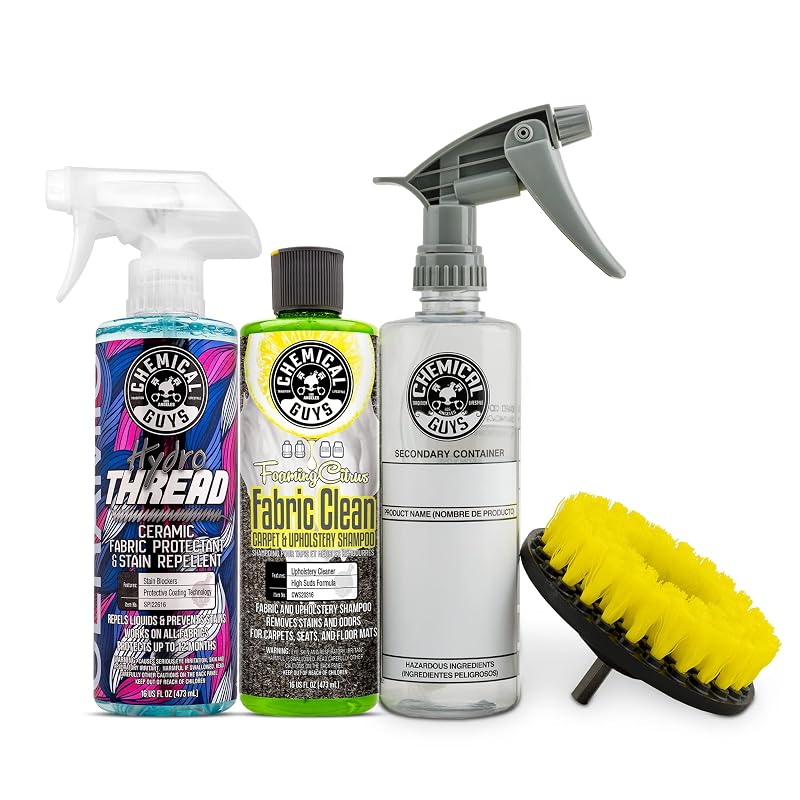 Kit Chemical Guys CWS203DK para Limpeza de Carpetes e Estofados com Espuma Cítrica, HydroThread, Escova para Furadeira e Borrifador – 4 itens