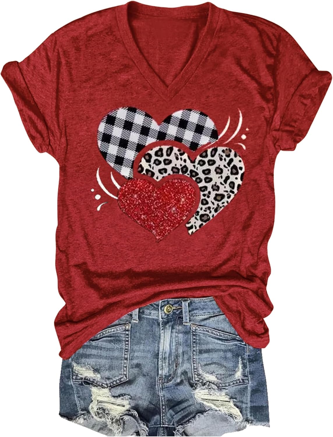 Leopard Plaid Heart T Shirts for Women Valentin's Day Funny Graphic Blouse T-Shirt Vacation Shove Sleeve V Neck Tee Tops(Red-2,Large) - Image 2