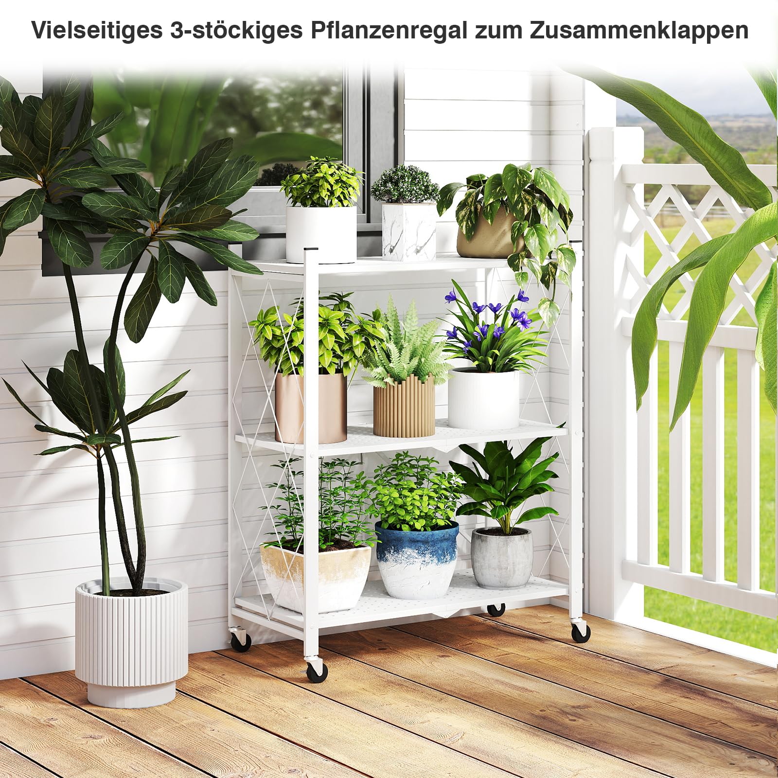 ALANNG Blumenständer mit Rädern, 3 Ablagen Stabiler Pflanzenständer | Metall Pflanzenregal Indoor Einfach/Klappbar, Weiß