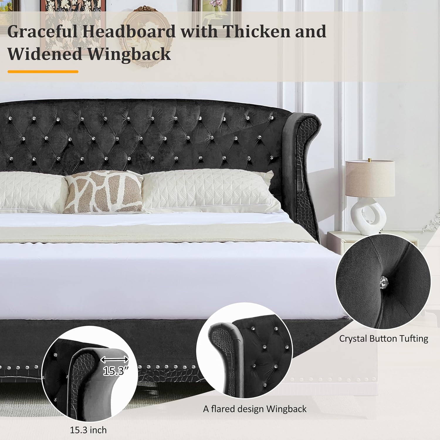 GDFStudio Queen Size Velvet Upholstered Platform Bed Frame with Curved Wingback Headboard,Faux Leather Tufted & Nailhead Trim,No Box Spring Needed,Easy Assembly,Modern Style,Black