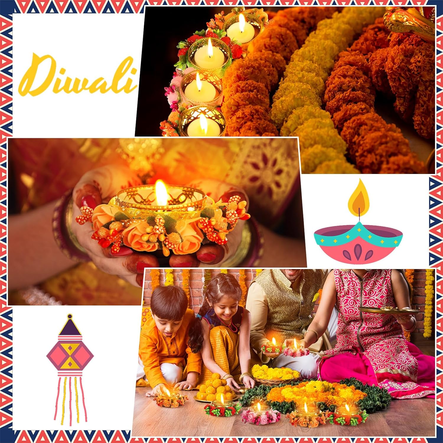 Conelist 12 Pcs Diwali Tea Light Candle Holder Metal Candle Diya Holder Pooja Diwali Diya Holder with 12 Garland and 12 Candles for Home Dining Table Centerpiece Office Decoration Indian Return Gifts