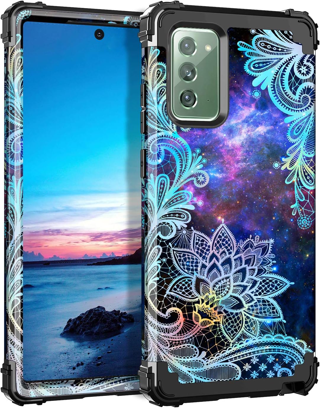 Casetego Compatible with Galaxy Note 20 Case,Floral Three Layer Heavy Duty Hybrid Sturdy Shockproof Full Body Protective Cover Case for Samsung Galaxy Note 20,Blue Mandala