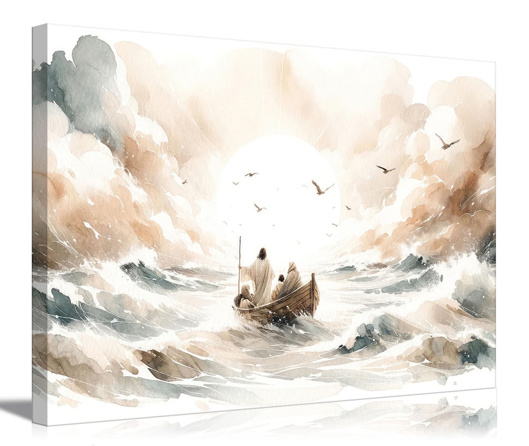 Jesus Calms The Storm Canvas Wall Art Watercolor Jesus At Sea Wall Decor Picture Christ Bible Story Poster Print Printing for Living Room Bedroom