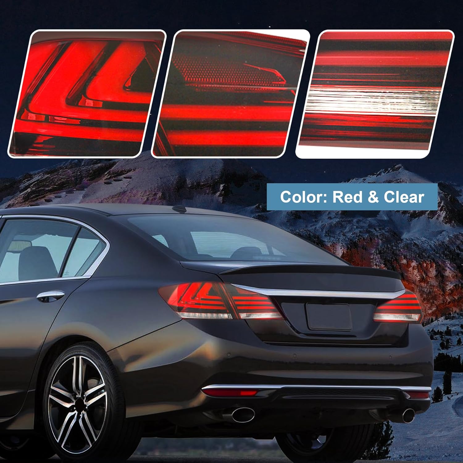 LED Tail Lights Assembly Replacement For Honda Accord 4 Door Sedan 2013 2014 2015 Red Clear Rear Lamps with Amber Sequential Turn Signal Driver and Passenger Sides