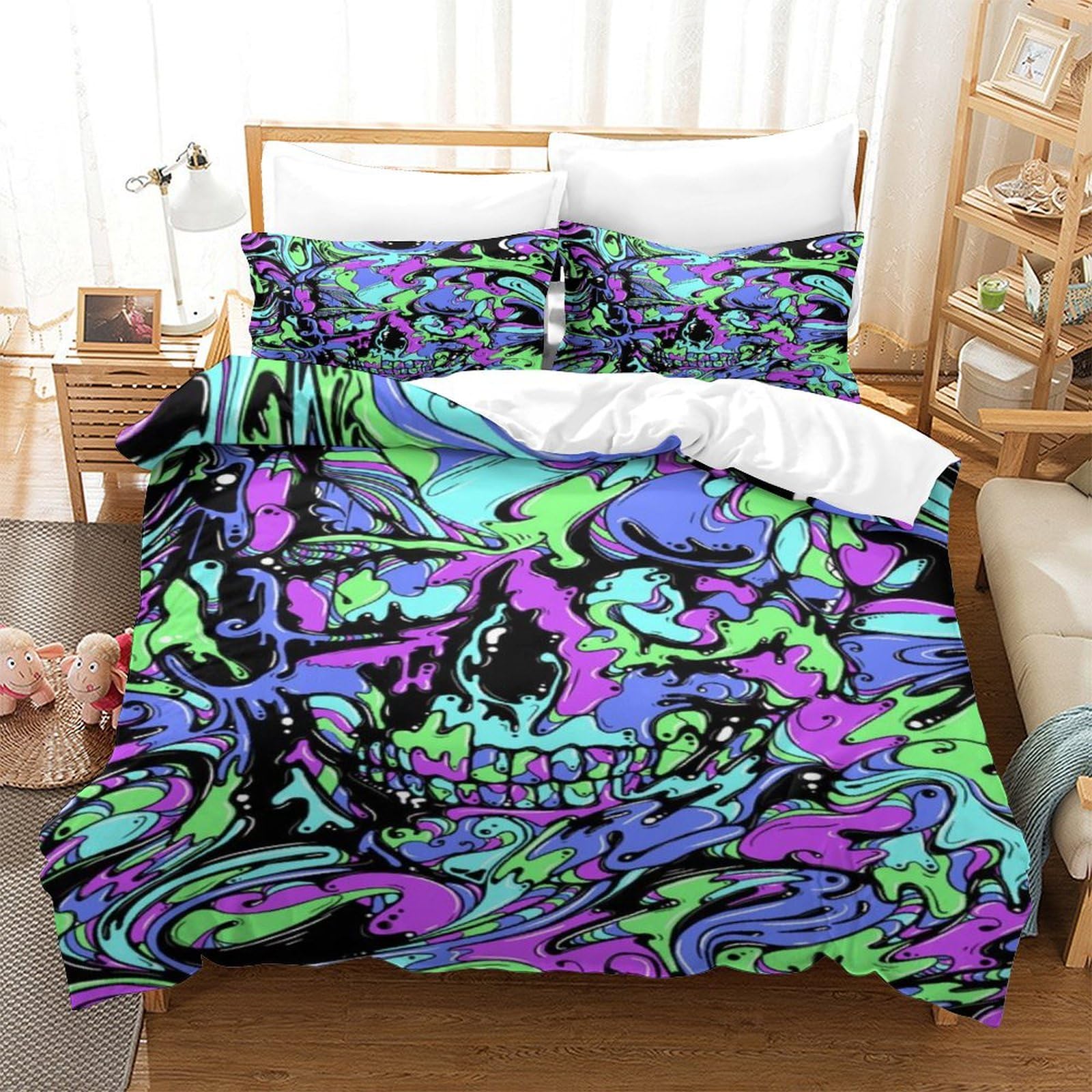 LILIlaobiao 3D Printed Graffiti Quilt Cover Breathable Duvet Cover Doodles Comforter Cover with Pillowcase Bedding Set Microfiber for Childs & Adults 3 Pieces King（220x240cm）