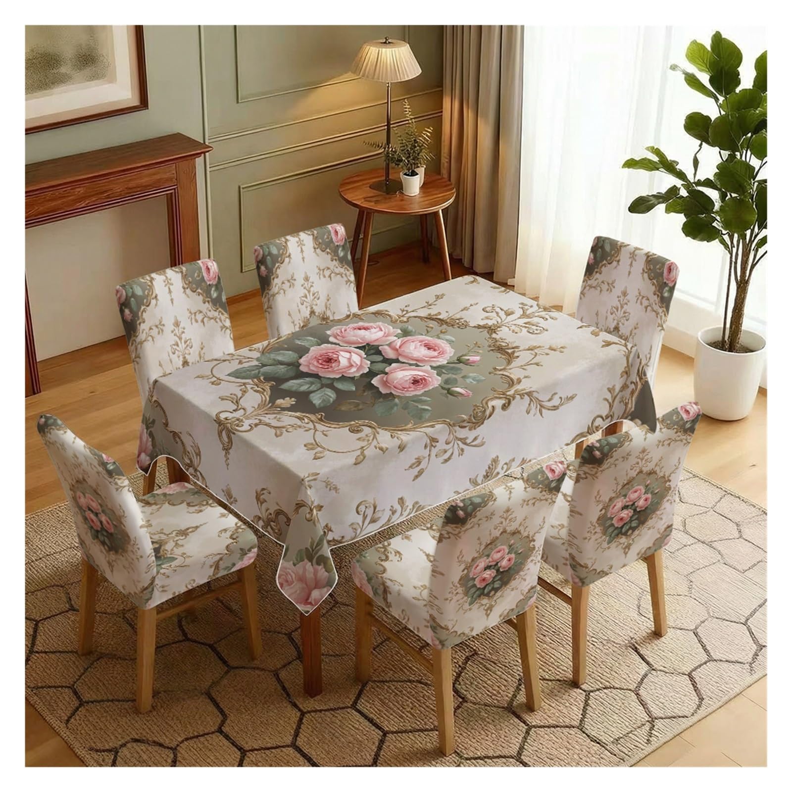 BOSUYBN Vintage Pink Rose Gold Damask Floral Printed Dining Tablecloth & Chair Covers Set, 5/7 Piece Elegant Baroque Farmhouse Dining Room Home Decor Table Setting(7pcs Set: Tablecloth+Chair Covers)