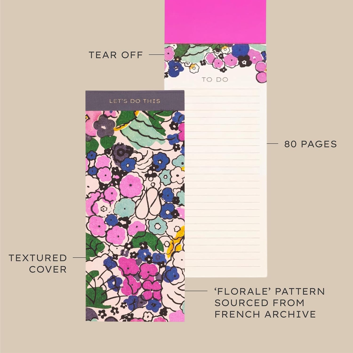 AMÉLIN ARCHIVE Long List To Do Pad, Lined Grocery and Shopping List Notepad, Florale