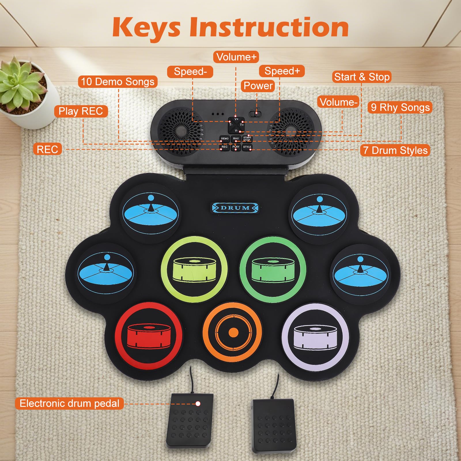 Kinder Schlagzeug Elektronisch mit 9 Pads,2 Stereolautsprecher,E-drum Set pocket drum，Elektronisches Schlagzeug E Drums mit 2 Fußpedalen & USB Wiederaufladbar für Kinder und Anfänger