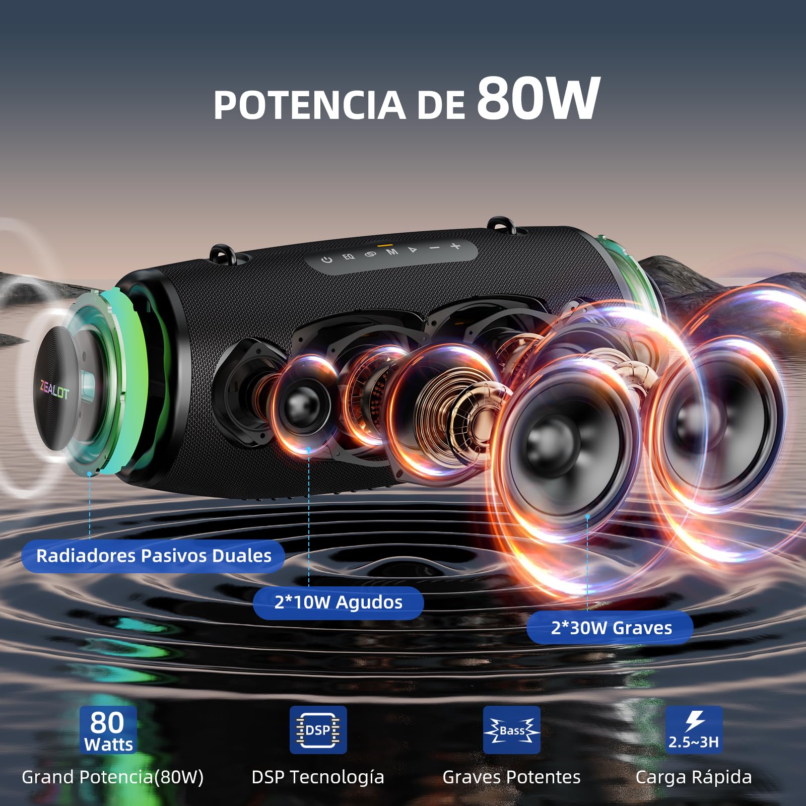 Zealot Altavoz Bluetooth Grande 80W de Potencia con Luz LED, Altavoces Inalámbricos 16000mAh Batería, Autonomía de 40 Horas, Puerto de AUX, USB, Tarjeta TF, Bluetooth 5.2, IP67 Impermeable, Negro