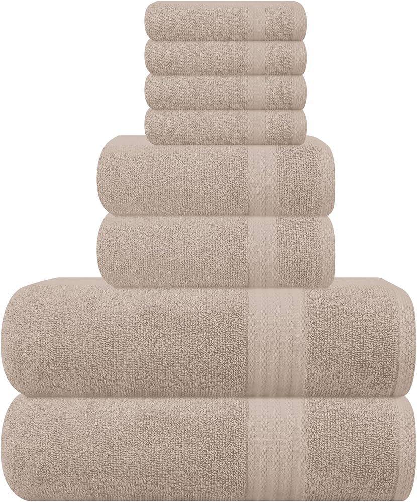 GLAMBURG Ultra Soft 8-Piece Towel Set - 100% Pure Ringspun Cotton, Contains 2 Oversized Bath Towels 27x54, 2 Hand Towels 16x28, 4 Wash Cloths 13x13 - Ideal for Everyday use, Hotel & Spa - Tan