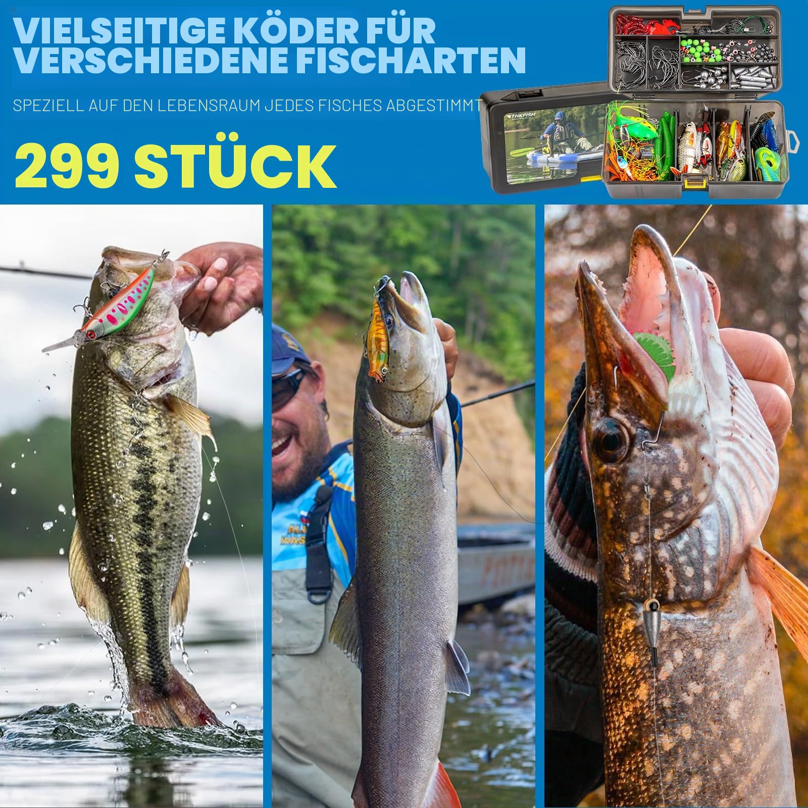 THKFISH Angelköder-Set, 299 Stück Angelzubehör Ausrüstung, Angelset Angelsachen Angelkoffer Köderbox mit Angel Zubehör Köder Angelhaken Angelblei Spinnköder