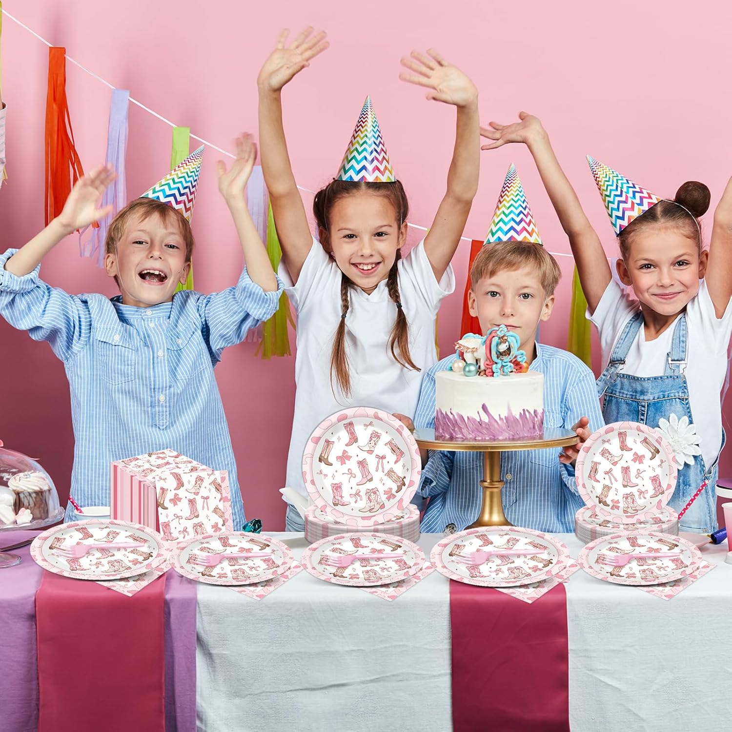 200Pcs Coquette Bow Cowgirl Boots Party Supplies Western Cowgirl Plates and Napkins Disposable Pink Bowknot Rodeo Tableware Bachelorette for Girls Set Decorations Supplies Baby Shower Serve 50