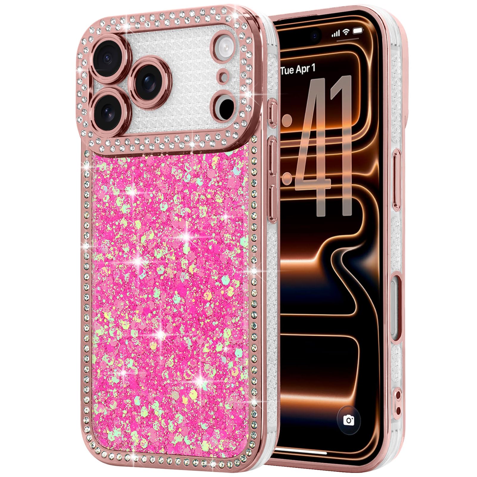 Lafunda Glitzer Hülle Kompatibel mit iPhone 17 Pro Handyhülle Mädchen Schuzhülle Glänzend Sparkle Diamond Hülle 3D Bling Kirstall mit Kameraschutz Case für iPhone 17 Pro Rosarot