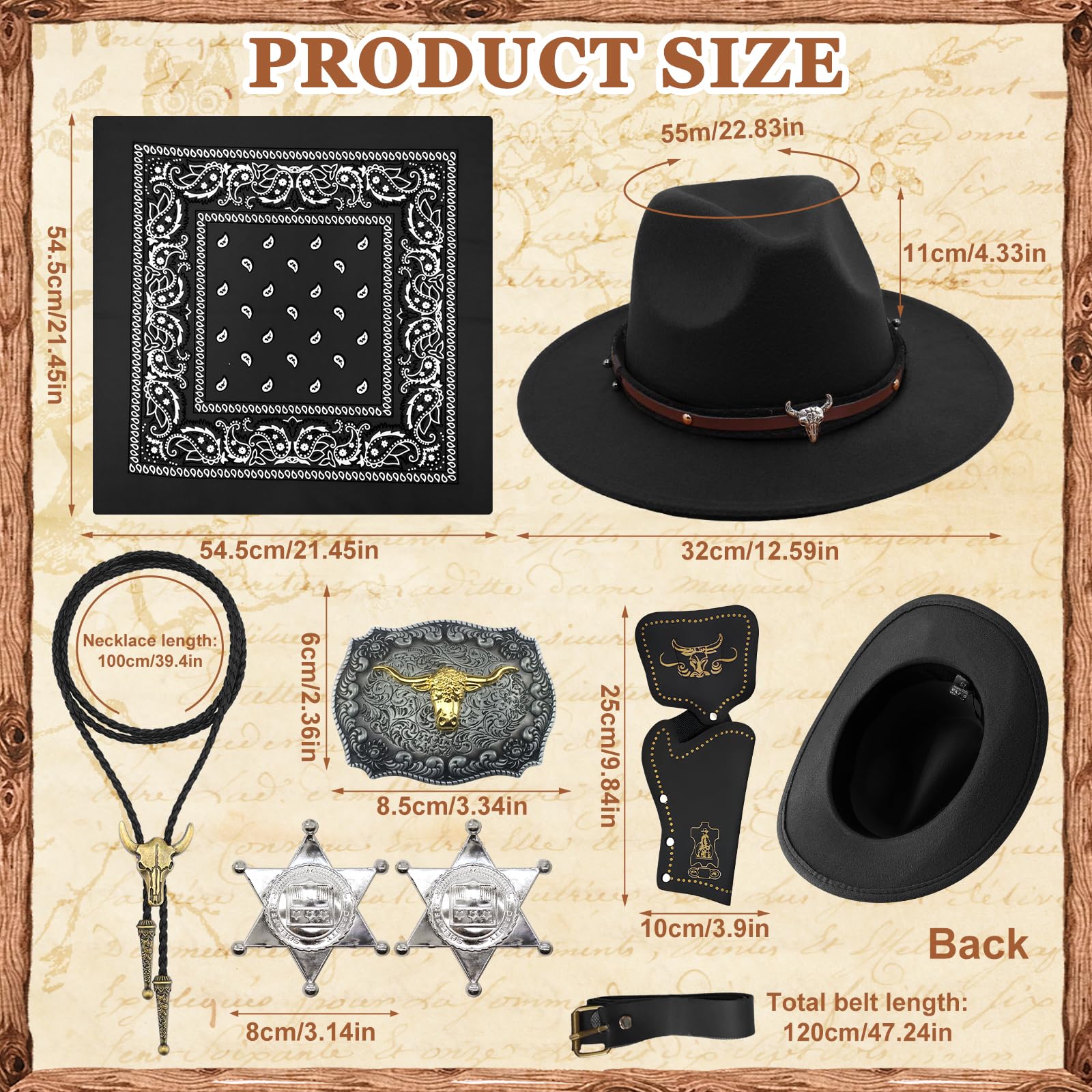 8 Stück Cowboy Kostüm Zubehör Set, Deluxe Western Cowboy Outfit Kit mit Brauner Hut Paisley Bandana Holster Gürtel Boloschnalle Krawatte Halskette Sheriff Abzeichen für Herren Cosplay Party