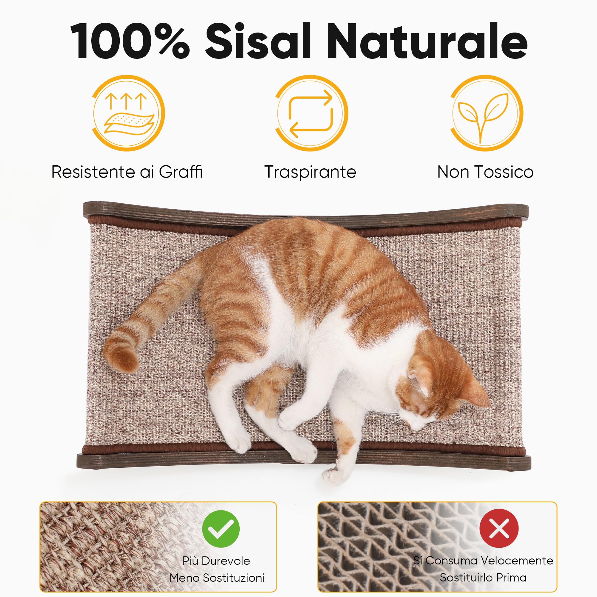 FUKUMARU Cuccia Tiragraffi in Sisal per Gatti, 60cm Letto Tiragraffi Resistente per Gatti da Interno, Amaca in Sisal Naturale 100%, Struttura in Legno Massello per Dormire e Farsi le Unghie (Noce)