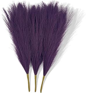 Faux Pampas Grass, Artificial Pampas Grass Fluffy 3 Pcs Dark Purple Pompous Grass Flower Arrangement and Vase Filler for Boho Home Wedding Decoration